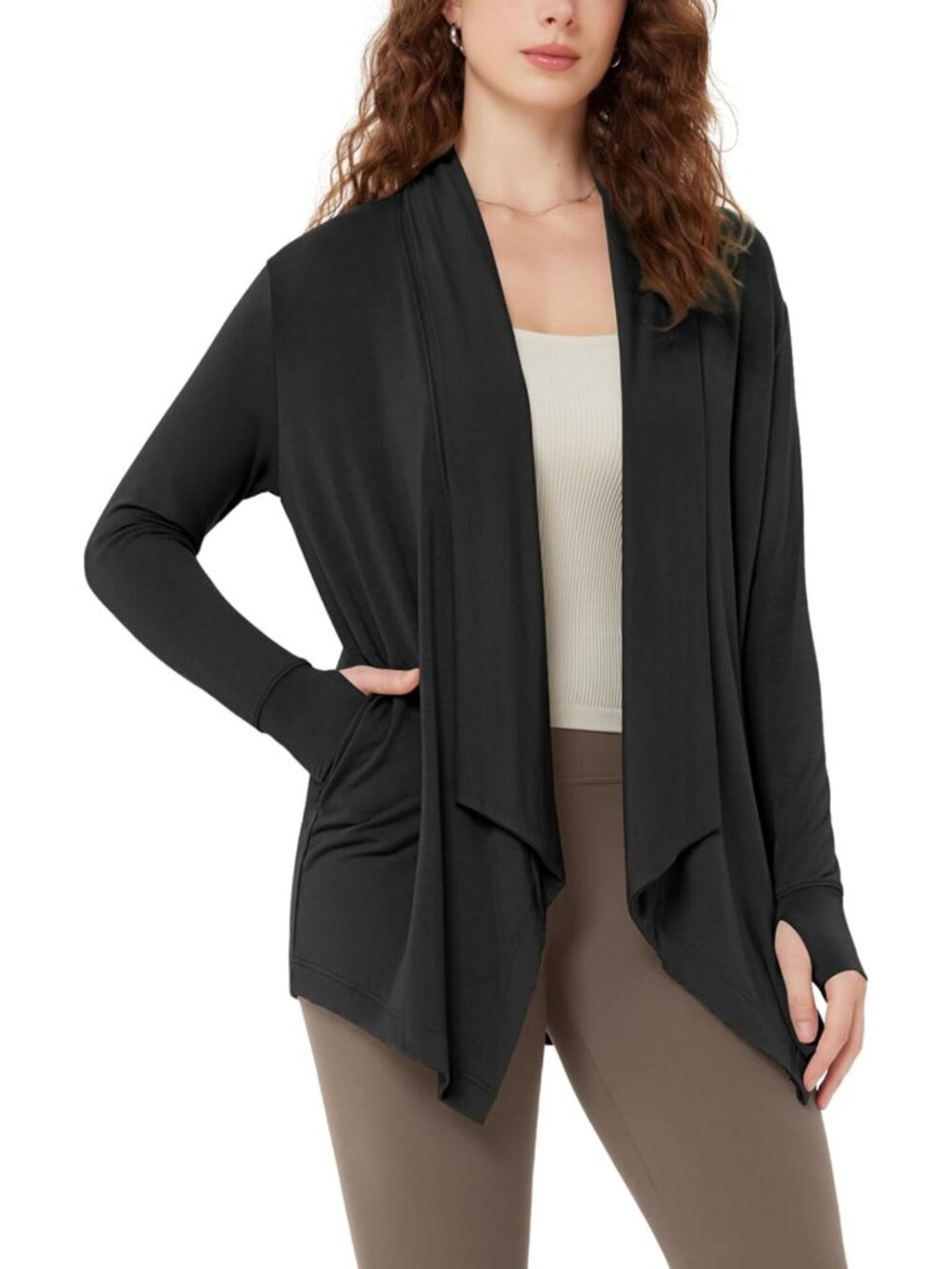 Cozy Long Sleeve Drape Cardigan with Pockets & Thumb Holes - Casual Outerwear